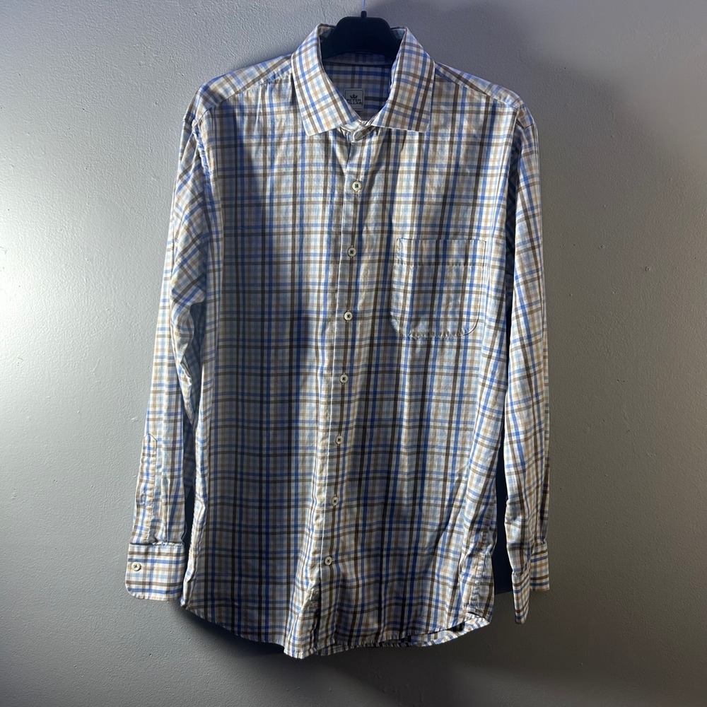 PETER MILLAR Mens Plaid Long Sleeve Button Down Shirt Blue Brown Tan Size L